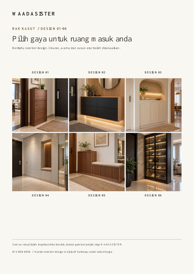 Pratonton enam design rak kasut dalam katalog