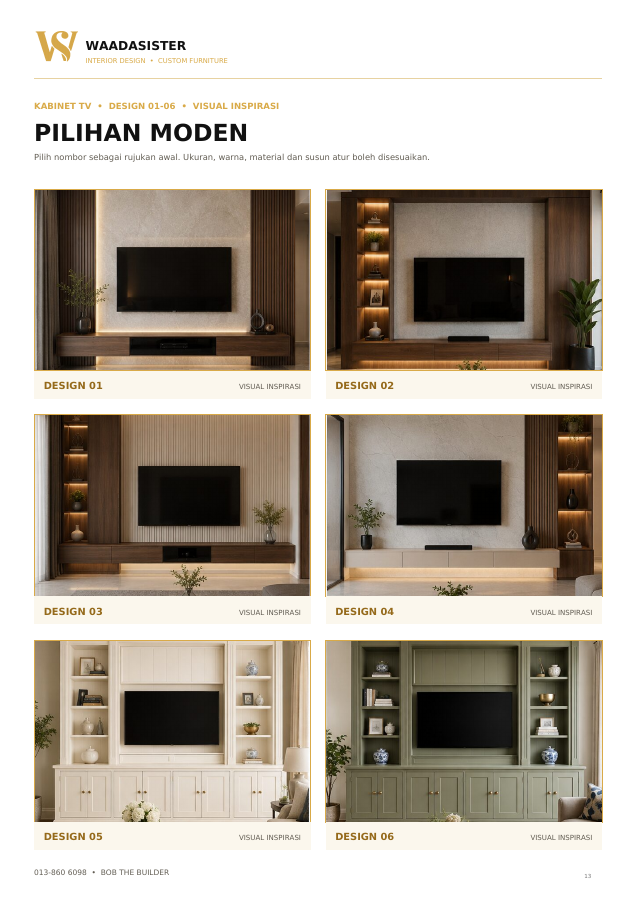 Pratonton halaman katalog kabinet TV, design 01 hingga 06