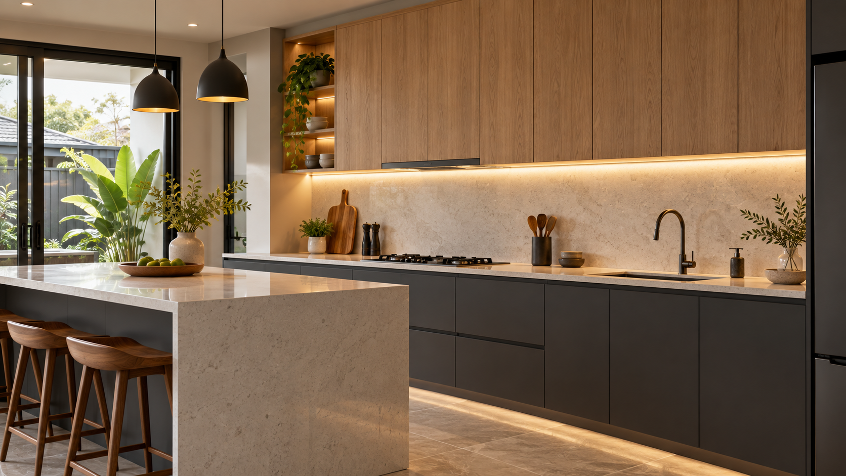 Inspirasi kabinet dapur moden dua tona dengan kemasan kayu
